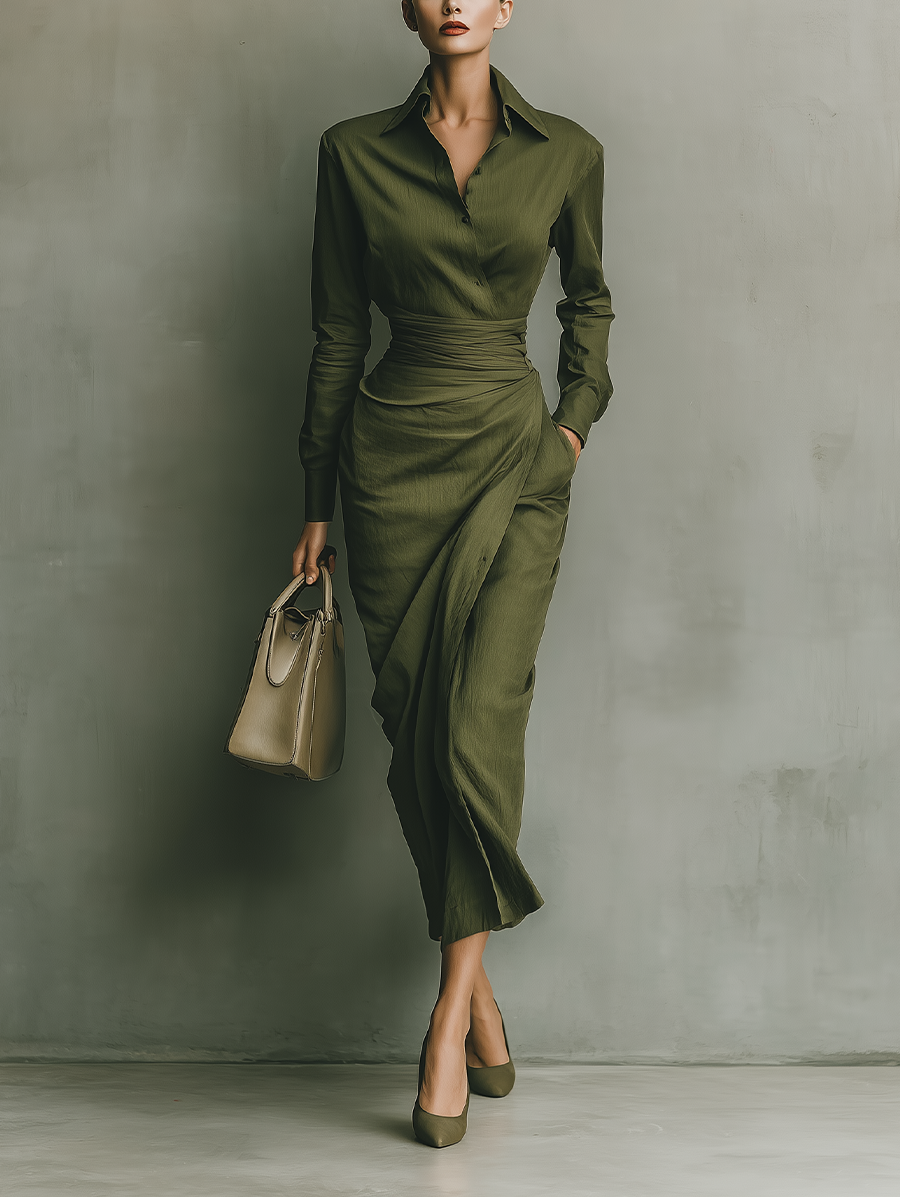 Women's Army Green Cotton Blended Maxi Dress