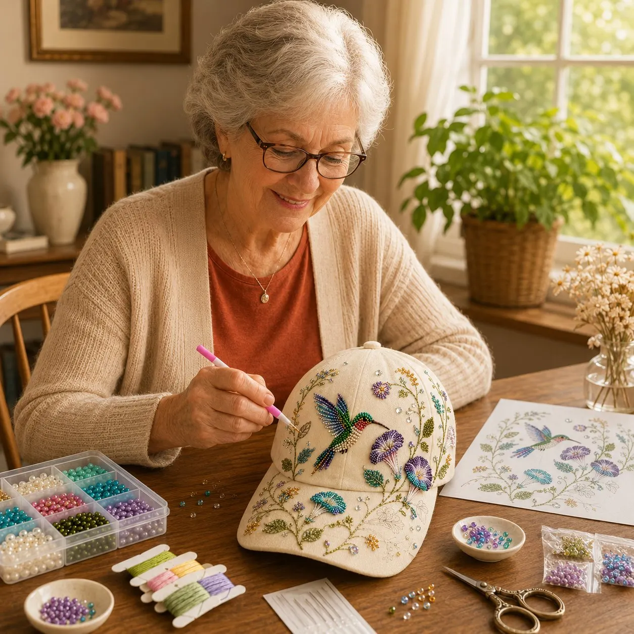 🐦🌸 Premium Hummingbird Garden Beaded Hat DIY Kit | DIY Handmade Floral Cap Decor 🌿✨
