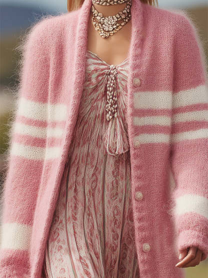 Pink Mohair And White Striped Long Cardigan