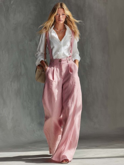 Elegant Vintage Versatile Pink Cotton And Linen Wide-leg Pants Overalls