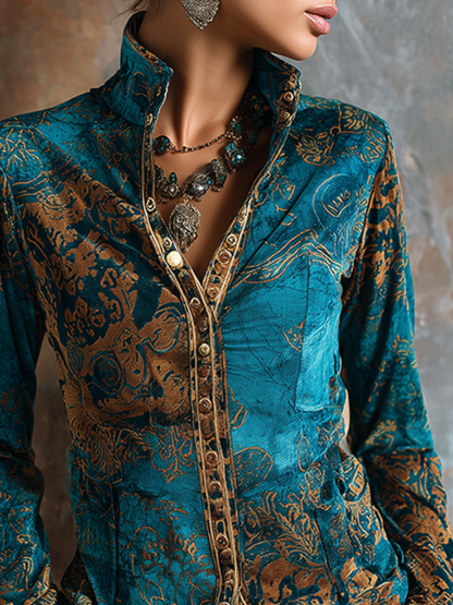 Boho Chic Vintage Peacock Blue Velvet Golden Print Fit Blouse