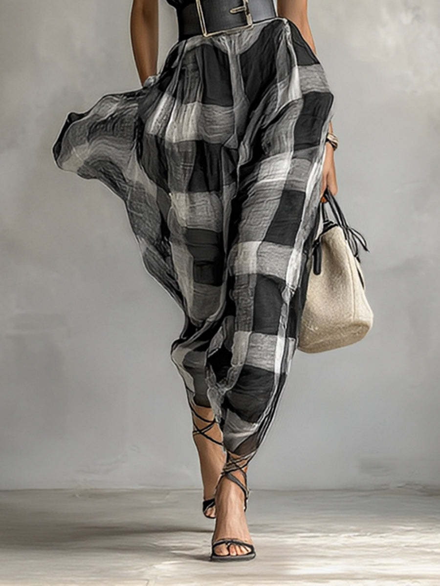 Women's Linen Blend Plaid V-neck Cap Sleeve Belt Maxi Dress MDA1915G6Y