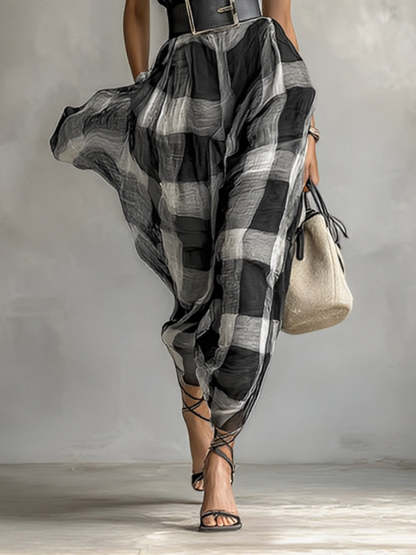 Women's Linen Blend Plaid V-neck Cap Sleeve Belt Maxi Dress MDA1915G6Y