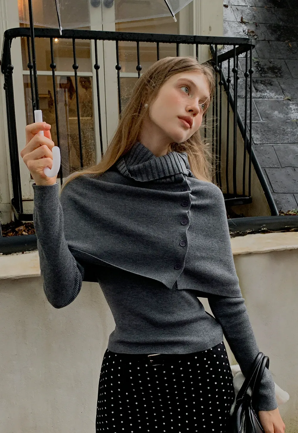 Long Sleeve Knit Top with Button Collar