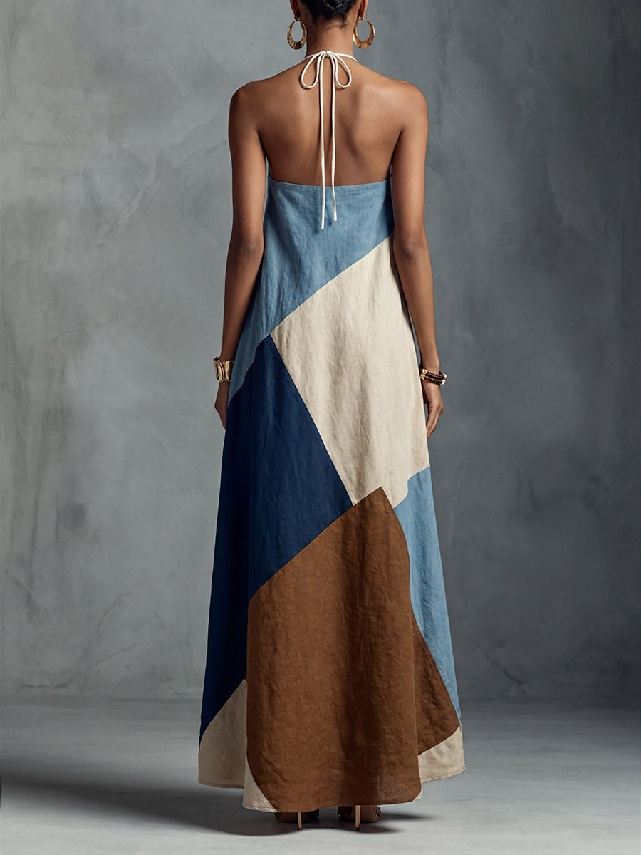 Women's Halter-neck Sleeveless Cotton-linen Printed Dress