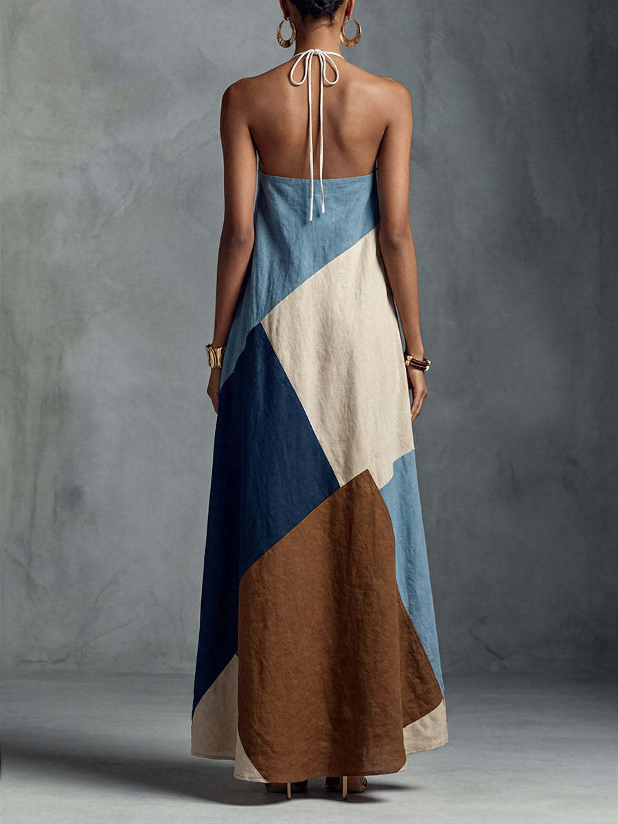 Women's Halter-neck Sleeveless Cotton-linen Printed Dress