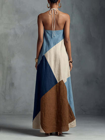 Women's Halter-neck Sleeveless Cotton-linen Printed Dress