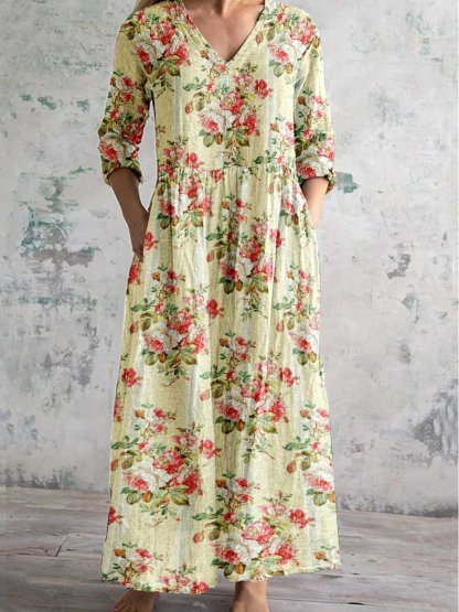 Women's Art Rose Floral V Neck Cotton and Linen Dress With Pockets