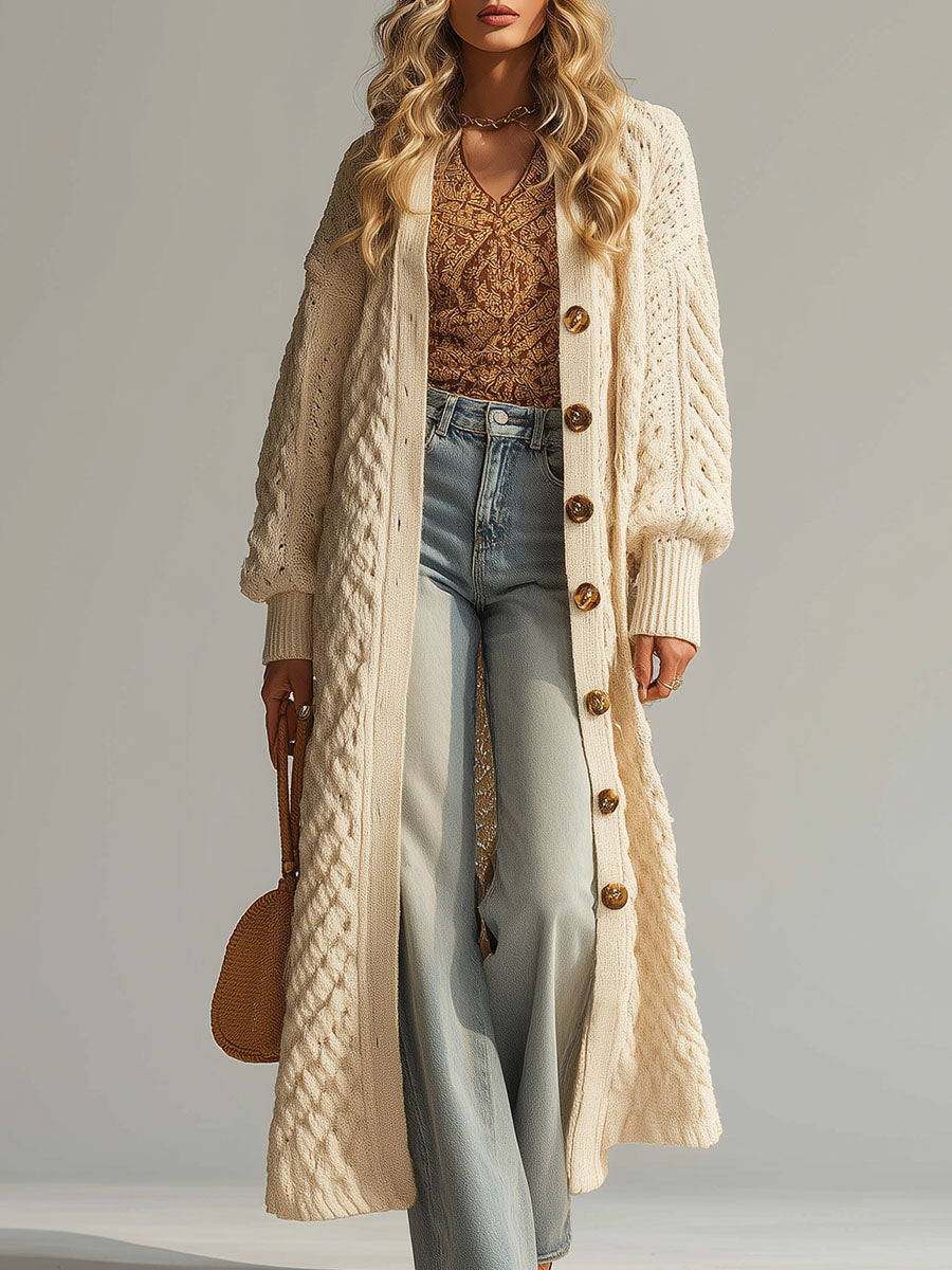 Simple And Fashionable Textured Knitted Beige Cardigan