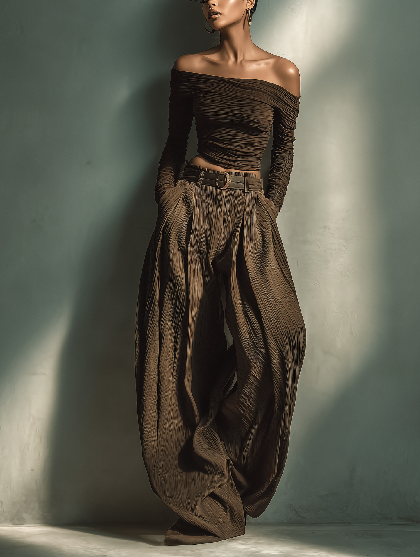 Women's Fashionable And Sexy Dark Brown Off-the-shoulder Long-sleeved 