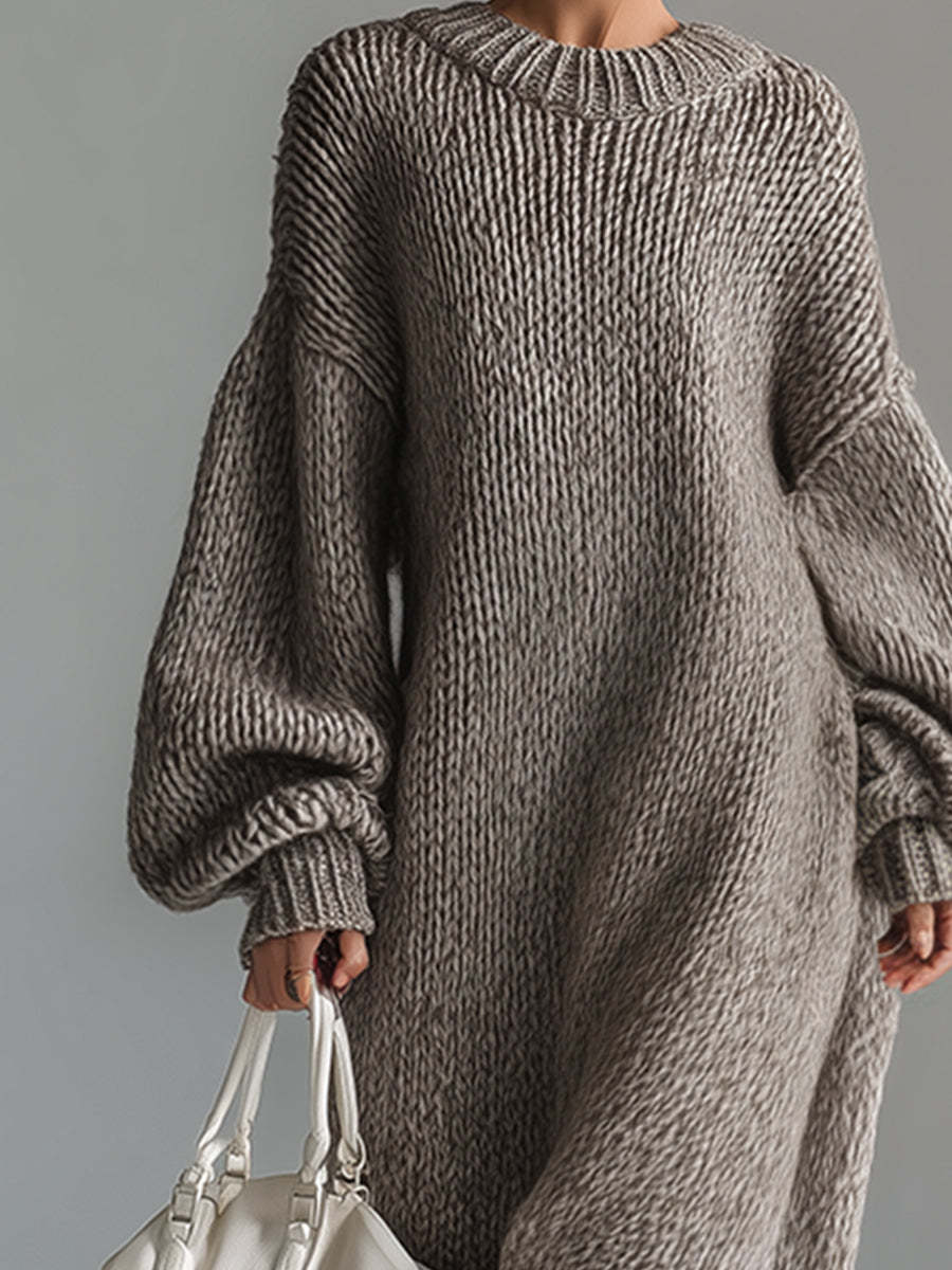 Elegant Urban Silhouette Round Neck Heathered Khaki Knitted Maxi Dress