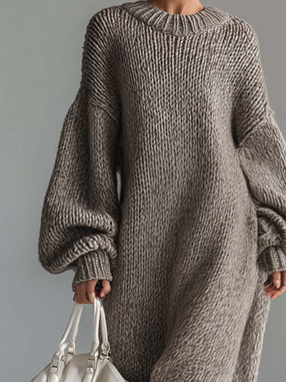 Elegant Urban Silhouette Round Neck Heathered Khaki Knitted Maxi Dress