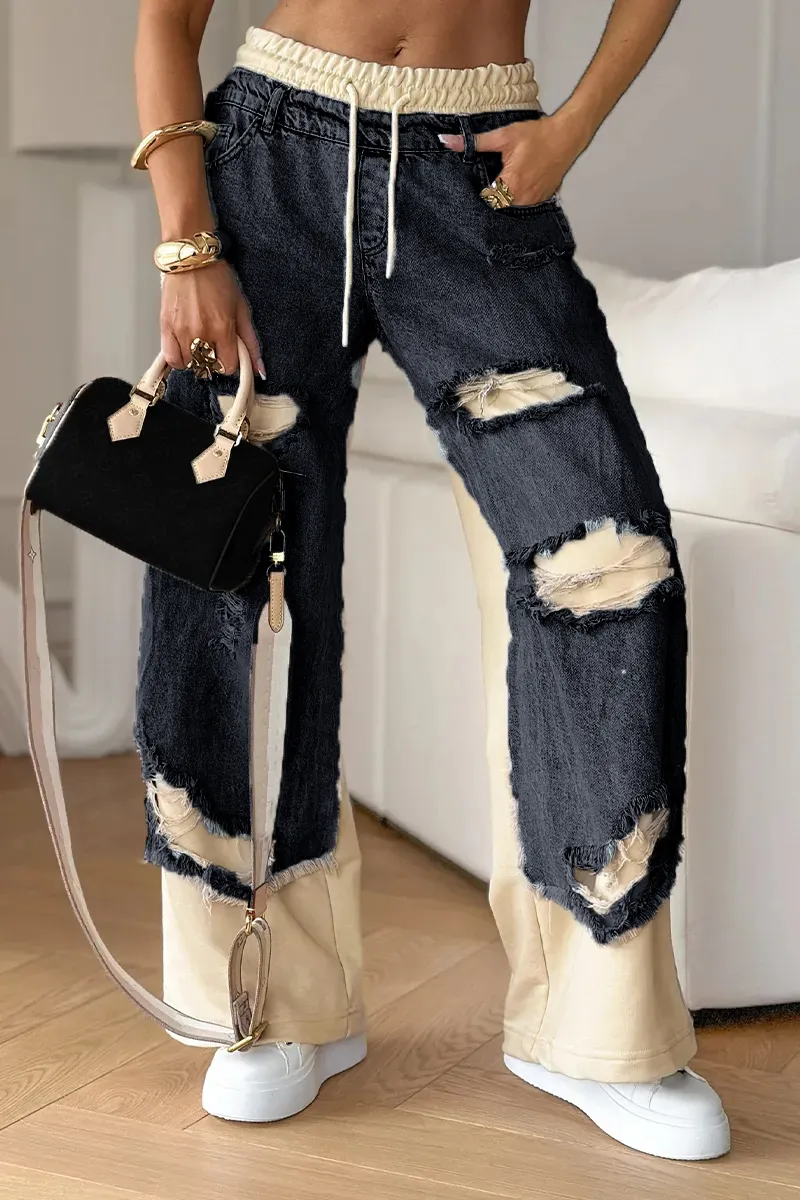 Women's Denim Trousers with Stitching and Ripped Design
