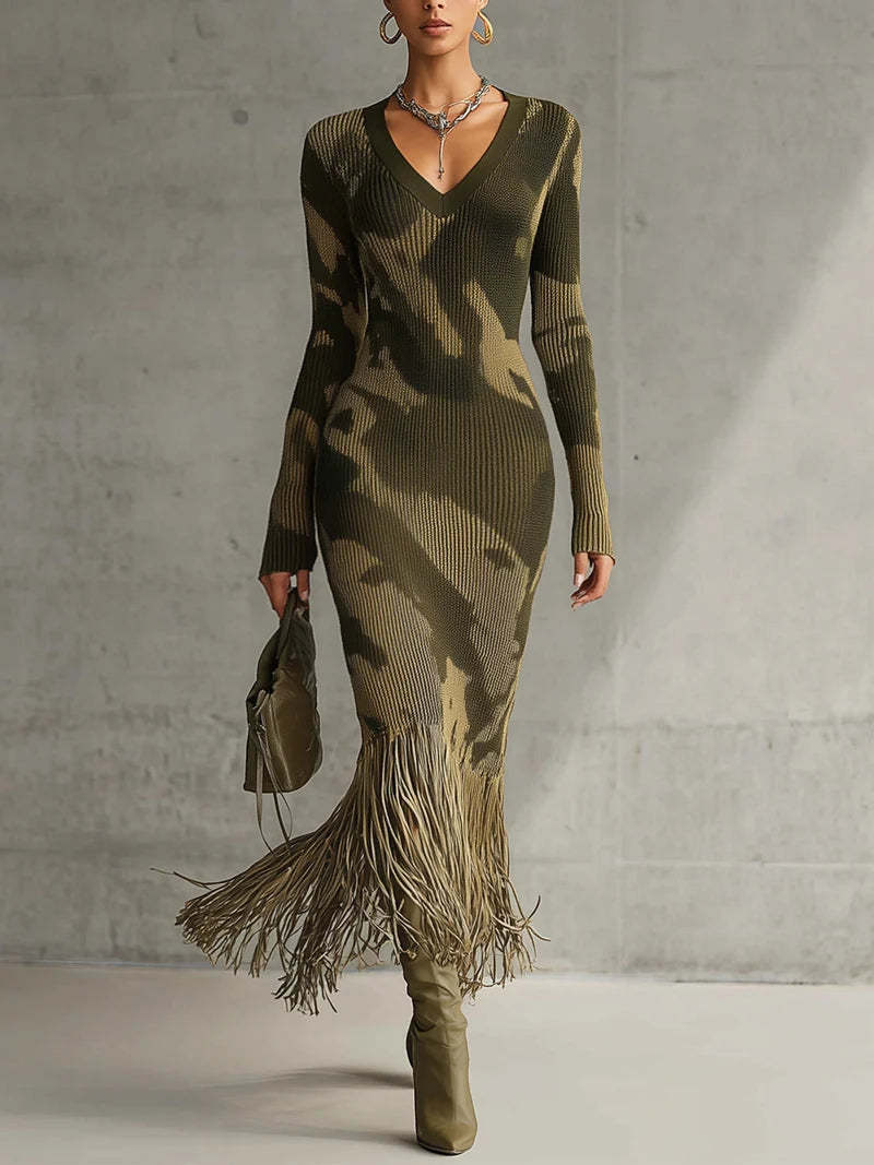 Olive Camo Knit V-Neck Fringe Hem Midi Dress