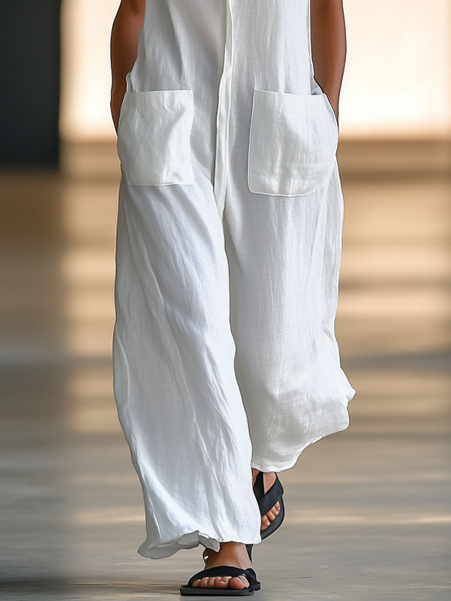 Casual Loose Retro White Breathable Linen Sleeveless Wide Leg Pants Jumpsuit