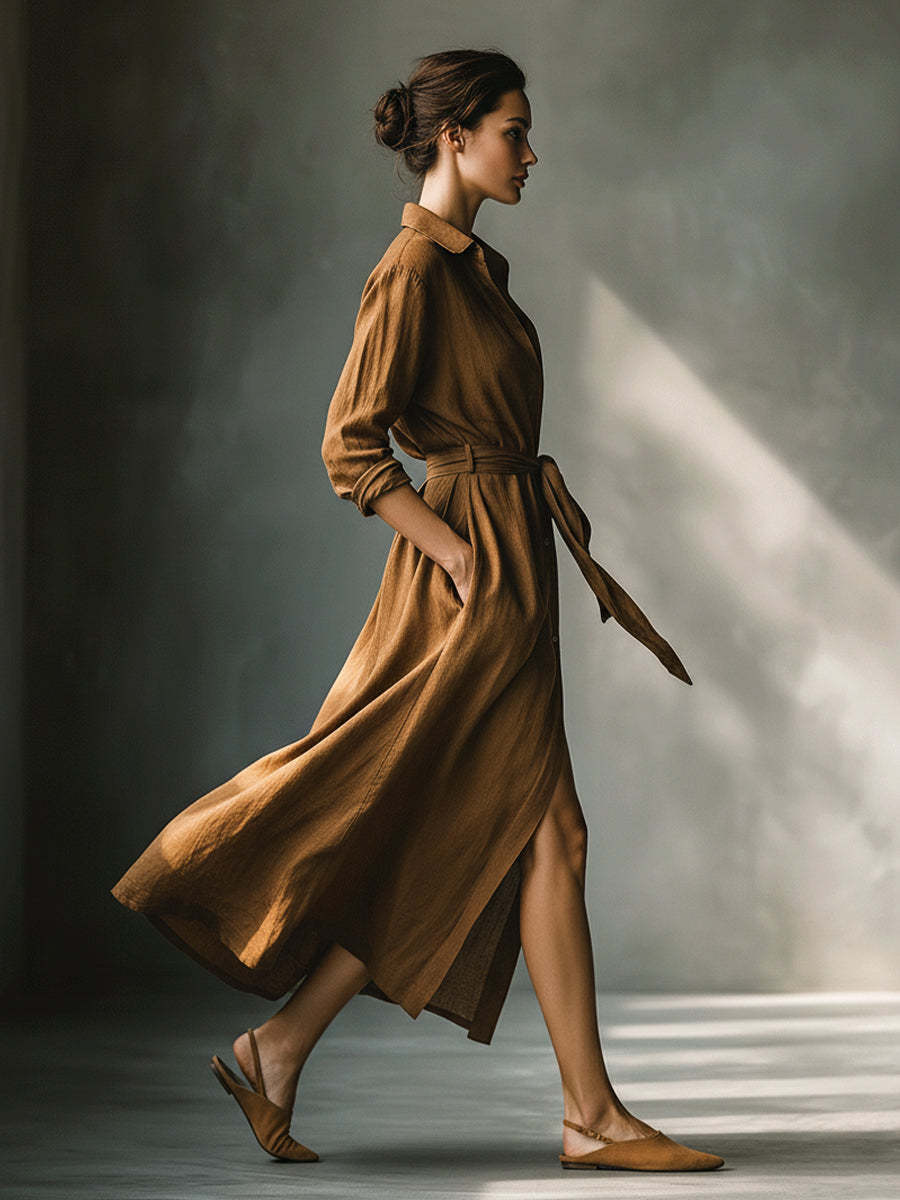 Women's Vintage Brown Blend Shirt Maxi Dress MDA2898G6I