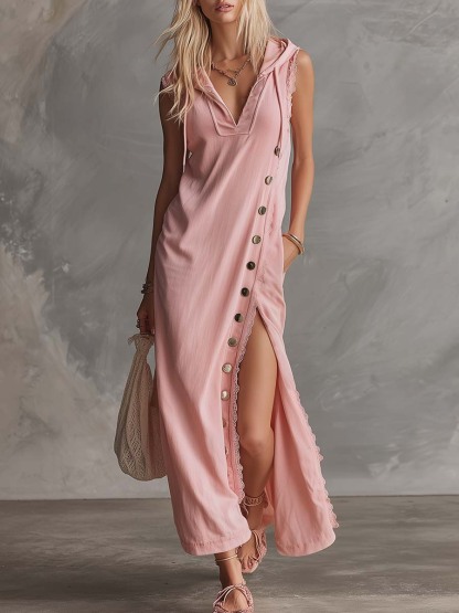 Elegant Retro Sporty Hooded V-neck Sleeveless  Lace Trim Side Slits And Button Pink Cotton Midi Dress