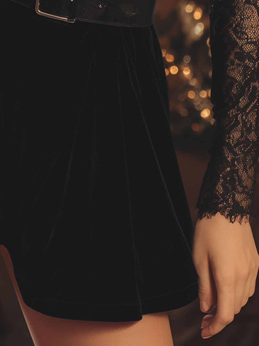 Retro Sexy Lace Black Velvet Shorts Set