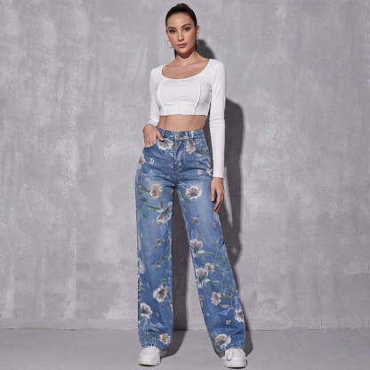 Women's Floral Print Straight-Leg Jeans