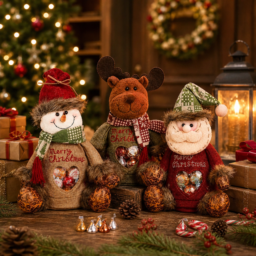 Snowman, reindeer and Santa dolls styled in a cosy Christmas scene