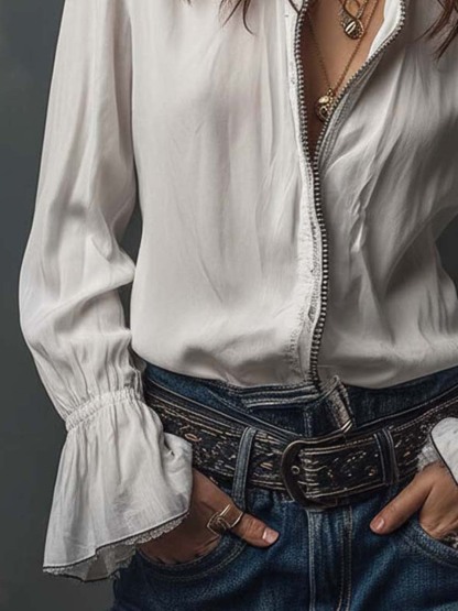White Zip-Front Blouse With Flounce Cuffs