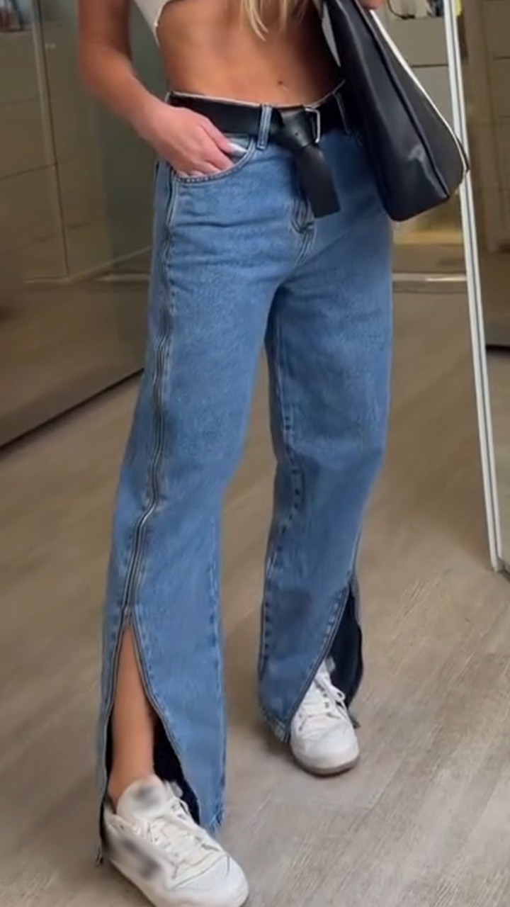 Women Side Zipper Slit Casual Jeans