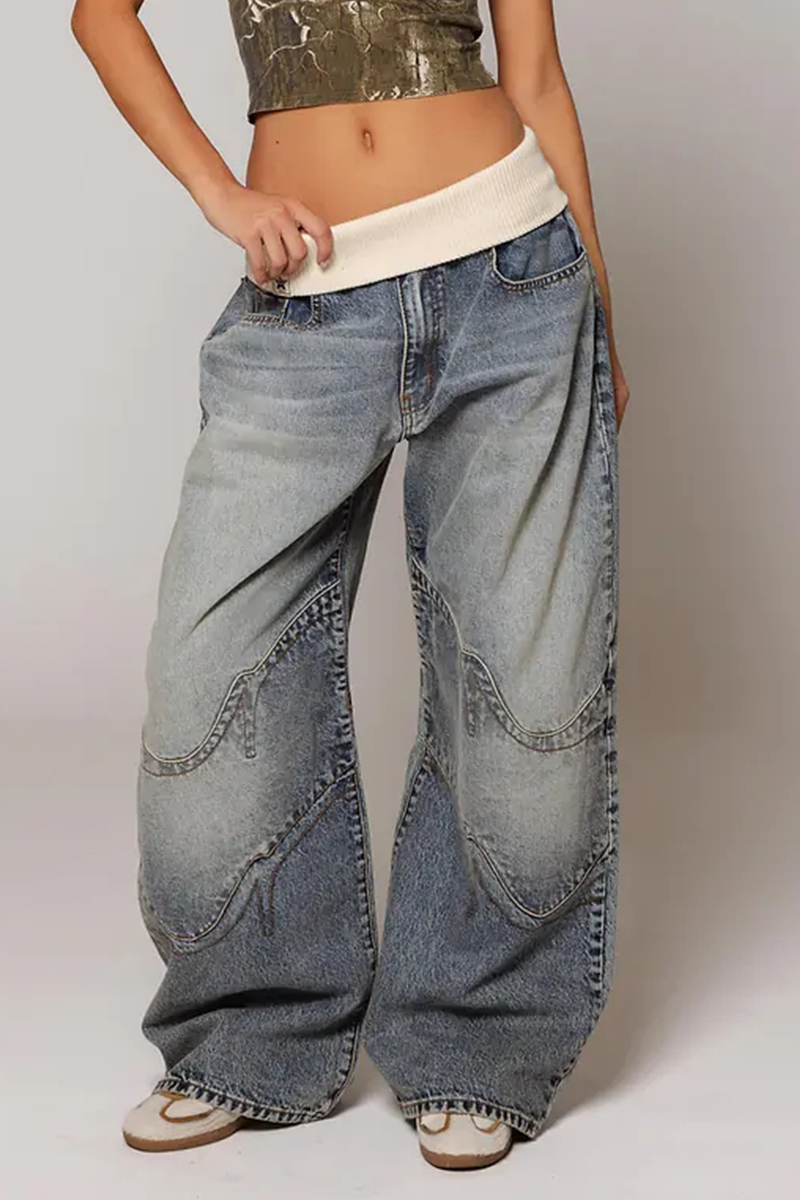 Women Patchwork Knitted Washed Casual Jeans