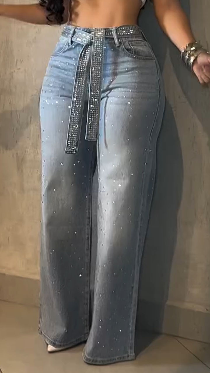 Women High Waisted Hot Pressed Diamond Temperament Casual Jeans