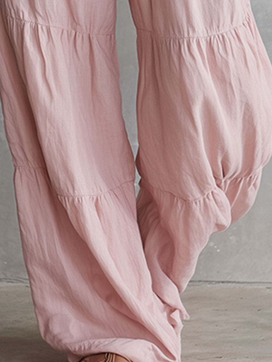 Casual Retro Ruffled Pink Sleeveless V-neck Button Cotton And Linen Jumpsuit