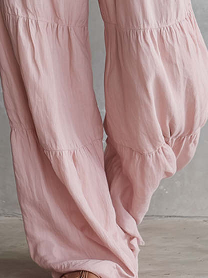 Casual Retro Ruffled Pink Sleeveless V-neck Button Cotton And Linen Jumpsuit