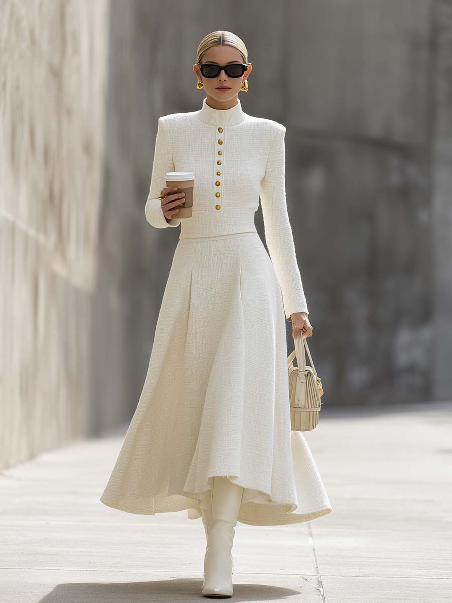 Retro Street Beige Button Knitted Skirt Suit