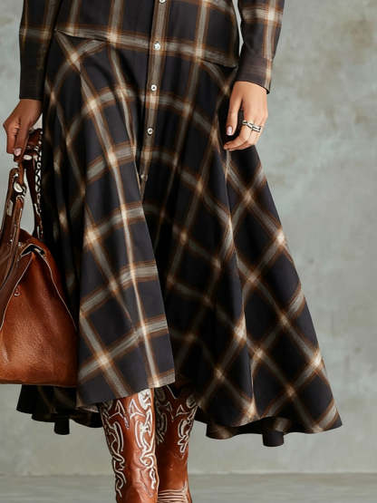 Vintage Dark Brown Plaid Single-breasted Button-down Shirt Dress
