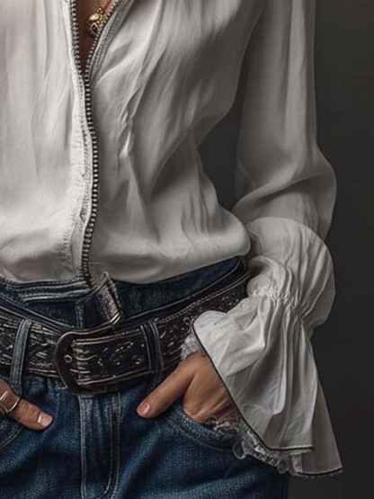 White Zip-Front Blouse With Flounce Cuffs