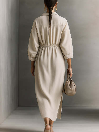 Women's Beige Relaxed Cotton Drawstring - Detail Maxi Dress