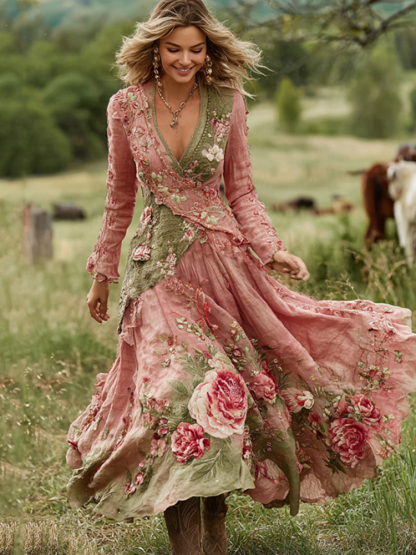 Women's Vintage Floral Art V Neck Linen Blend Comfy Maxi Dress