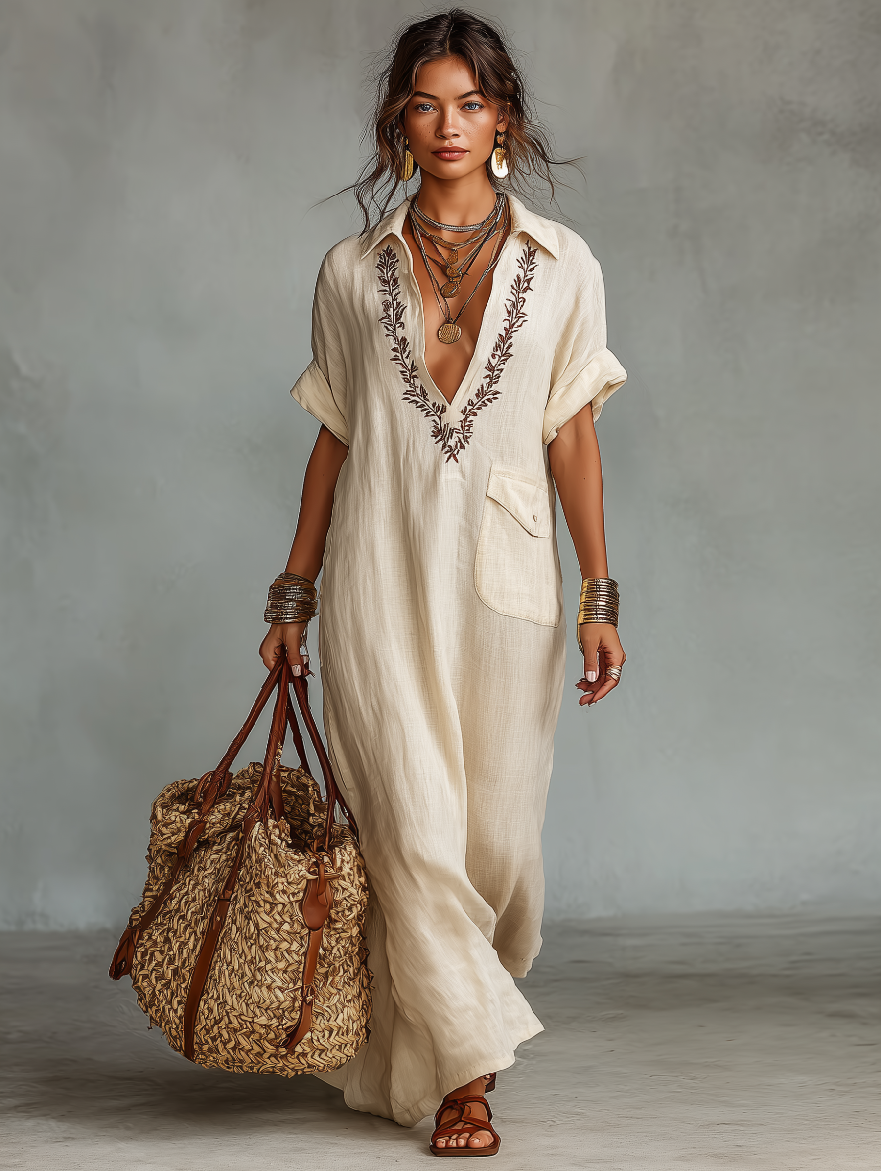 Women's Minimalist Linen Blend Embroidered Short-sleeved Shirt Maxi Dress MDZ0600A1Y