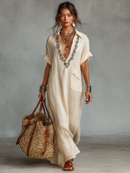 Women's Minimalist Linen Blend Embroidered Short-sleeved Shirt Maxi Dress MDZ0600A1Y