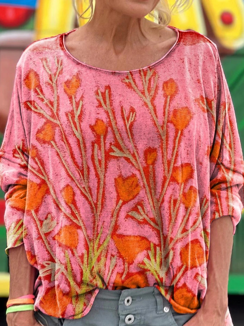Vintage Floral Art Print Cotton Crew Tee-1