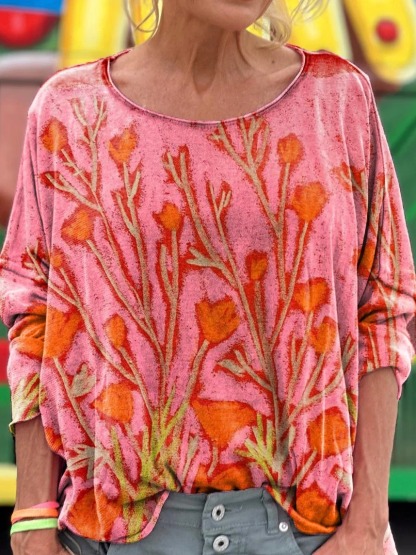 Vintage Floral Art Print Cotton Crew Tee-1