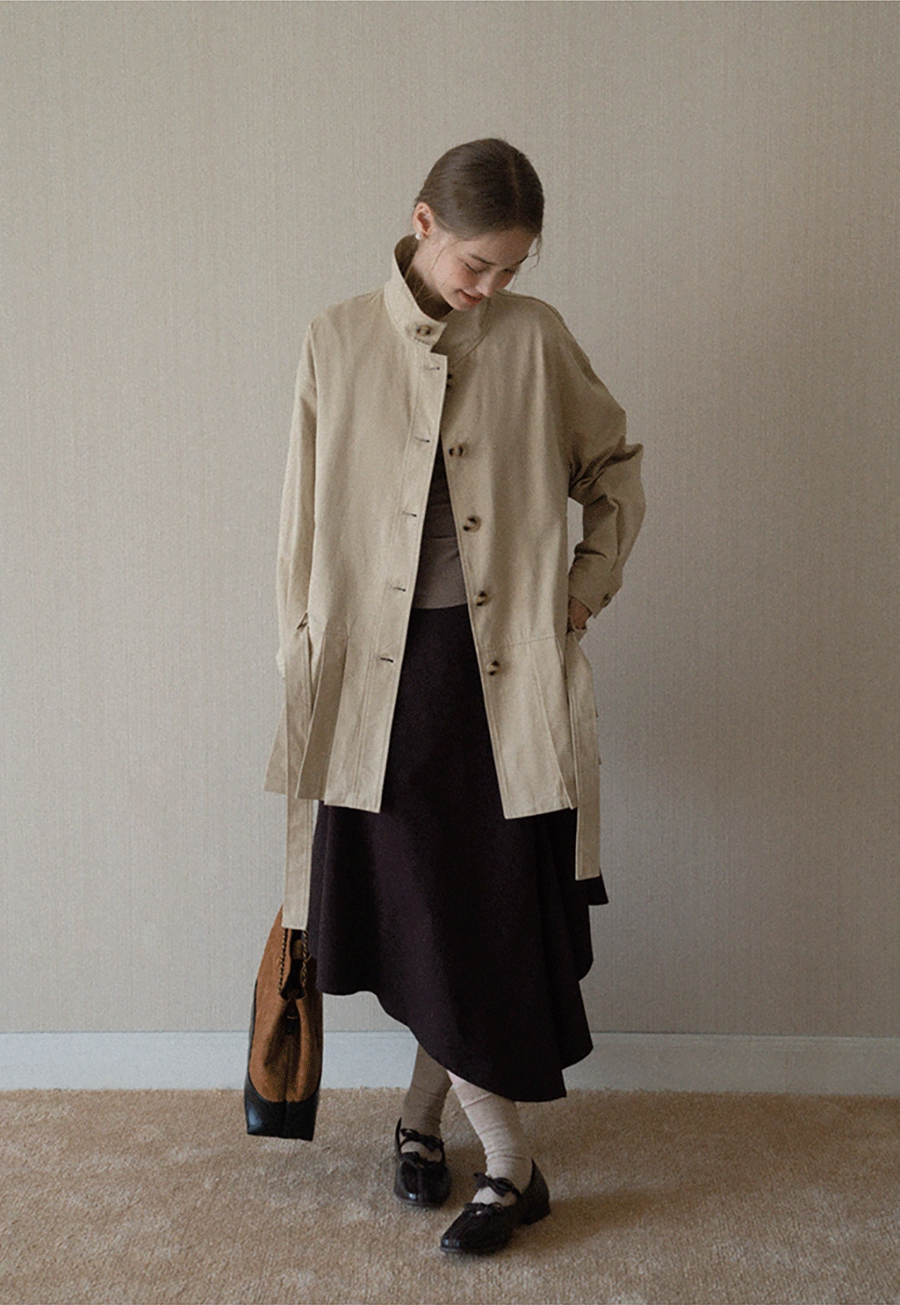 Womens Khaki High Neck Pleated Hem Trench Coat