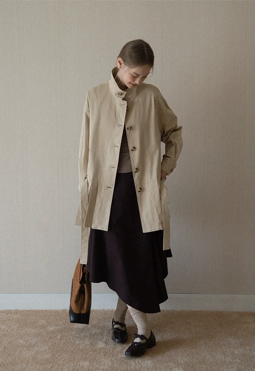 Womens Khaki High Neck Pleated Hem Trench Coat