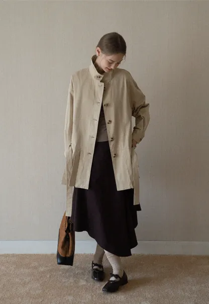 Womens Khaki High Neck Pleated Hem Trench Coat