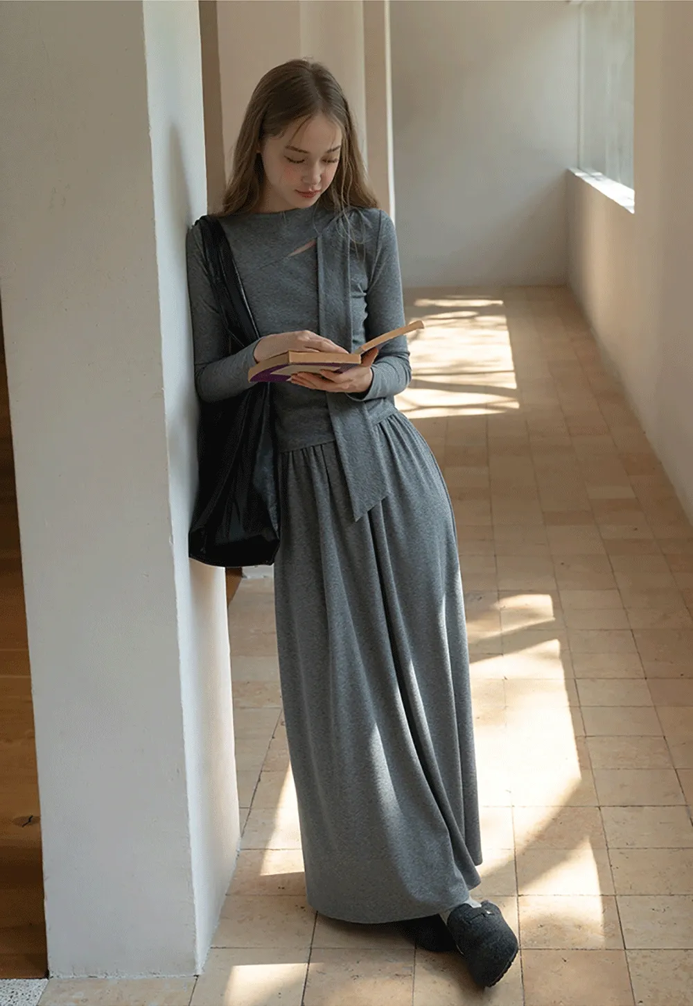 Relaxed Grey 2 Piece Outfit Long Sleeve Tee and Skirt