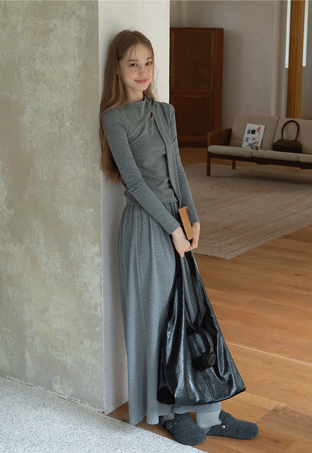 Relaxed Grey 2 Piece Outfit Long Sleeve Tee and Skirt