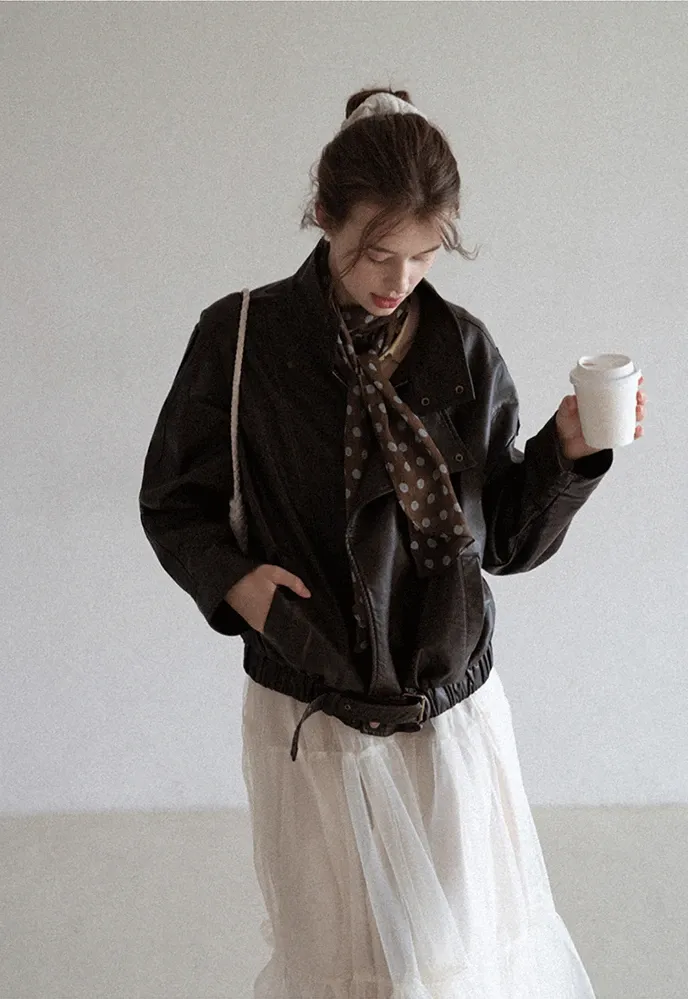 Funnel-Neck Leather Jacket