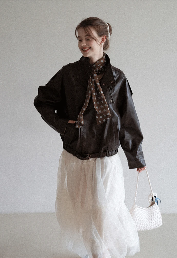 Funnel-Neck Leather Jacket