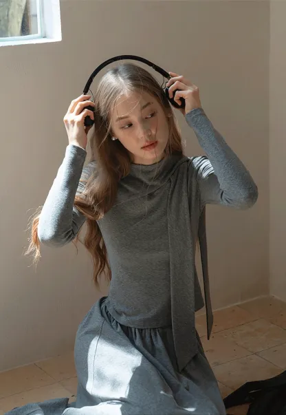 Relaxed Grey 2 Piece Outfit Long Sleeve Tee and Skirt