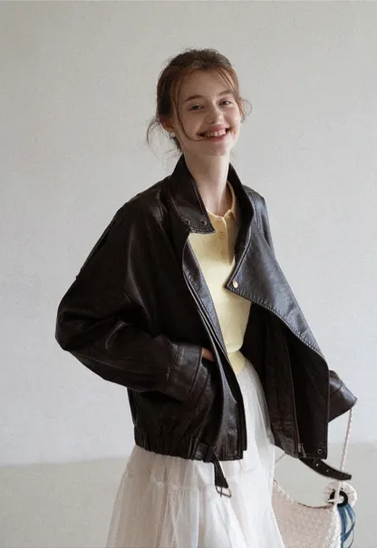Funnel-Neck Leather Jacket