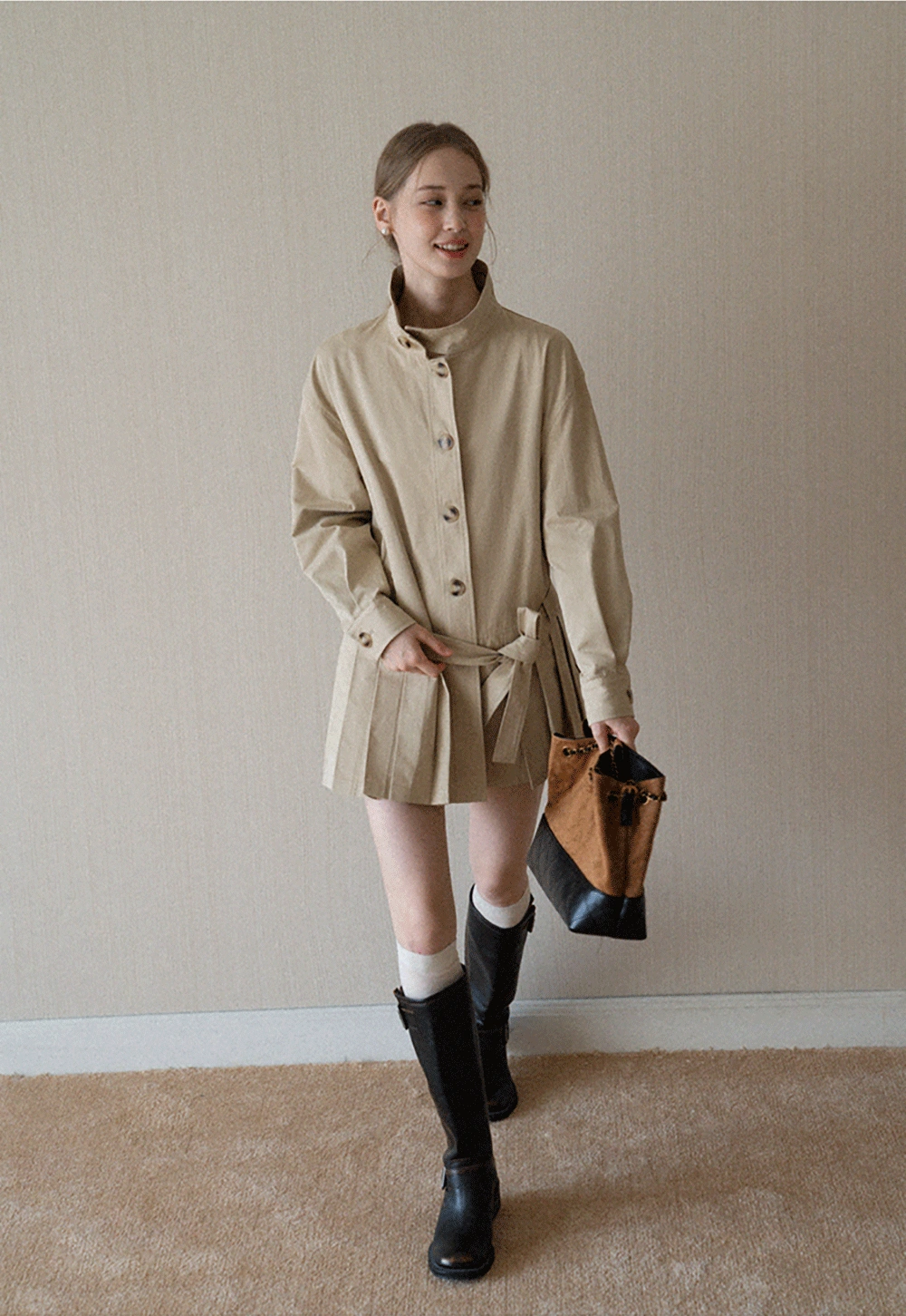 Womens Khaki High Neck Pleated Hem Trench Coat