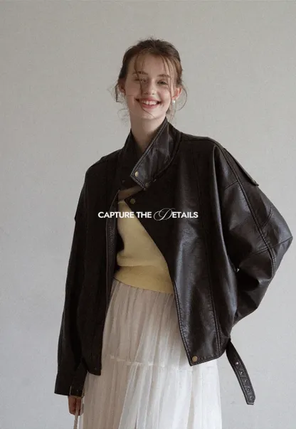 Funnel-Neck Leather Jacket